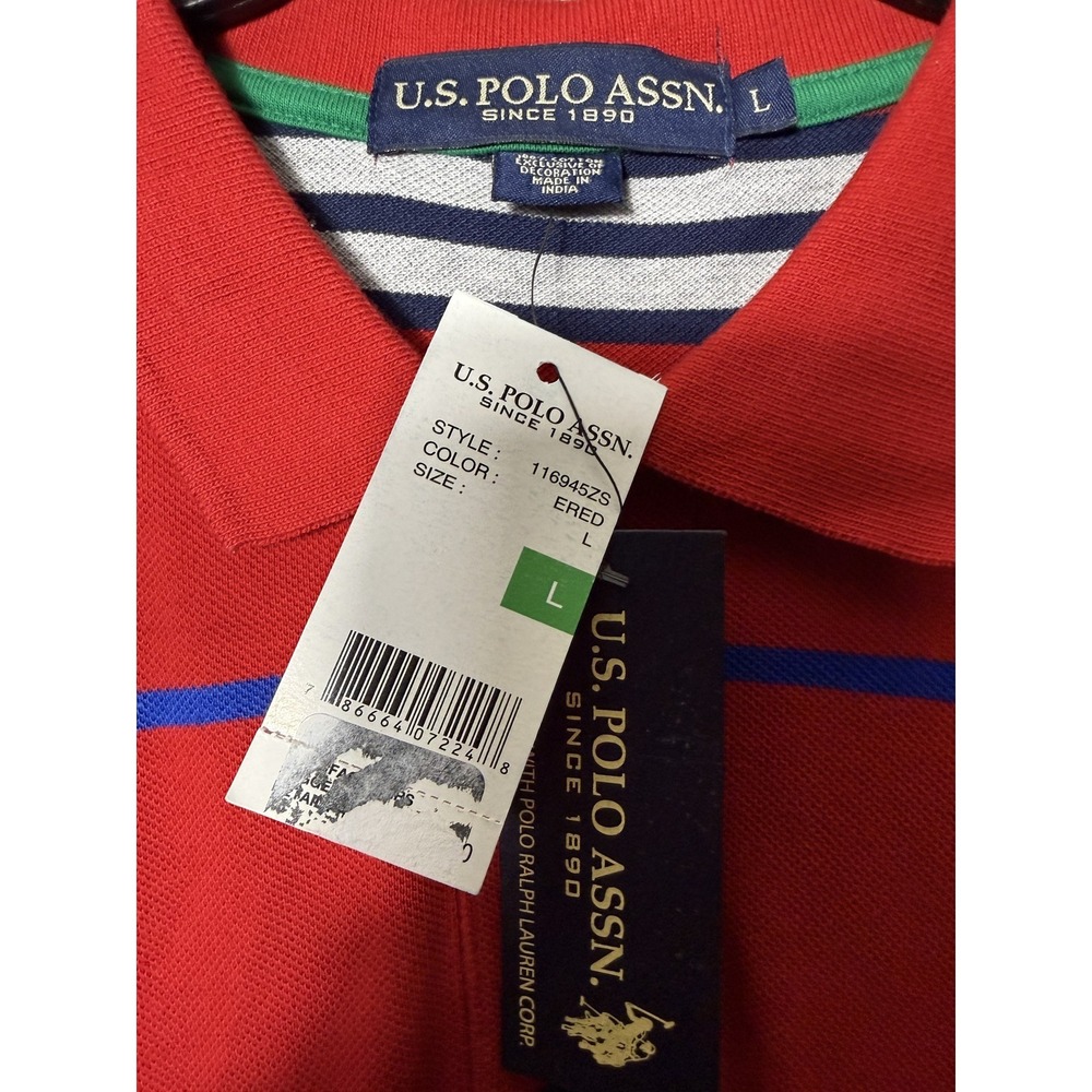 NWT‎ U.S. Polo Assn. Men's Large Red Striped Short Sleeve Pique Polo Shirt - Picture 4 of 6